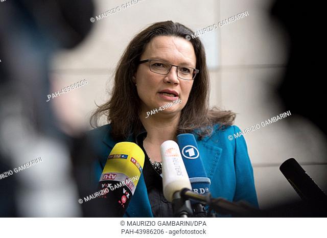 SPD secretary general Andrea Nahles arrives for coalition talks at the SPD party headquarters Willy-Brandt-Haus in Berlin, Germany, 11 November 2013