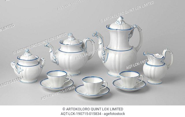 Coffee and tea service, sixteen parts, white, with blue piping and pear-shaped lid buttons, Coffee and tea service of earthenware