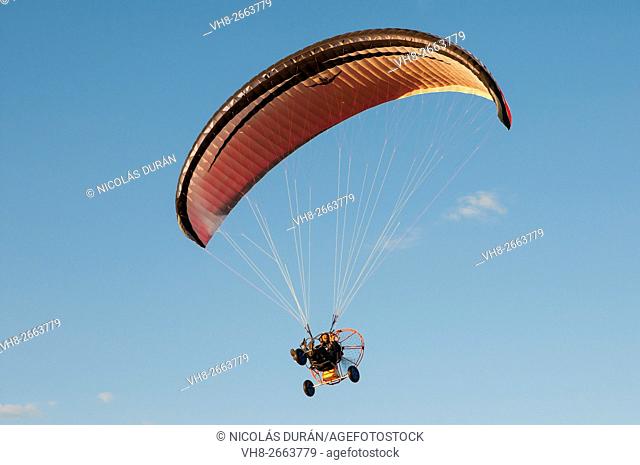 Paramotor flight. Alburquerque, Badajoz province, Extremadura, Spain
