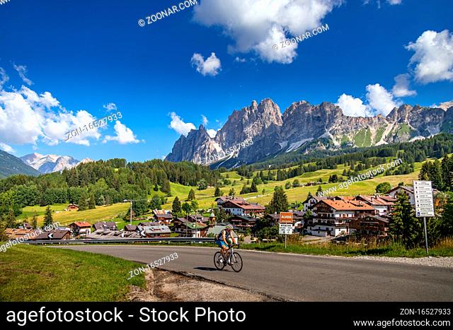 CORTINA D'AMPEZZO, VENETO/ITALY - AUGUST 9 : Cycling through the Dolomites near Cortina d'Ampezzo, Veneto, Italy on August 9, 2020
