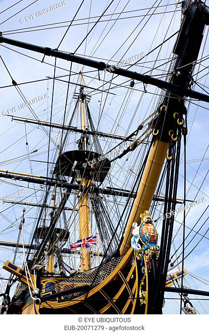 Bow and rigging of Admiral Lord Nelsons flagship HMS Victory showing the ships figurehead in the Historic Naval Dockyard