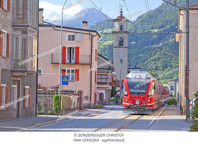 Rhaetian Railway, Le Prese, Posciavo, road, railway, train, railroad, canton, GR, Graubünden, Grisons, village, Switzerland, Europe