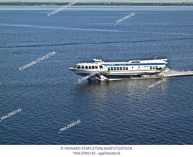 Hydrofoil boat in Neva Bay at St. Petersburg, Russia. Hydrofoils can be used to visit Peterhof the Summer Palace located on the Gulf of Finland
