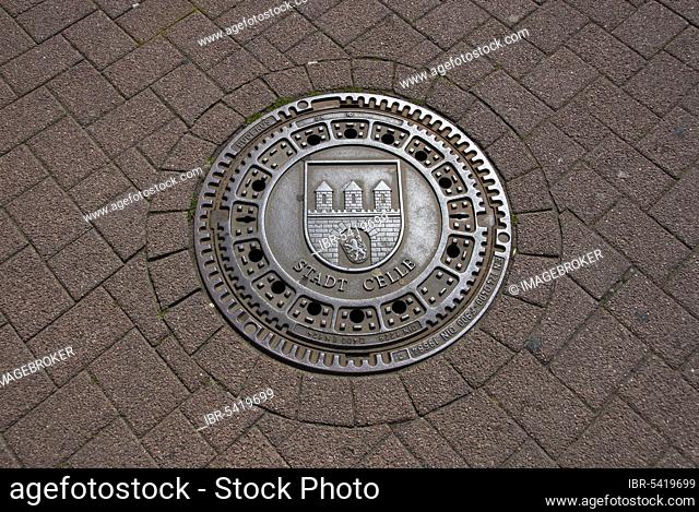 Gullideckel with coat of arms of the city of Celle, Celle, Lower Saxony, Germany, Europe