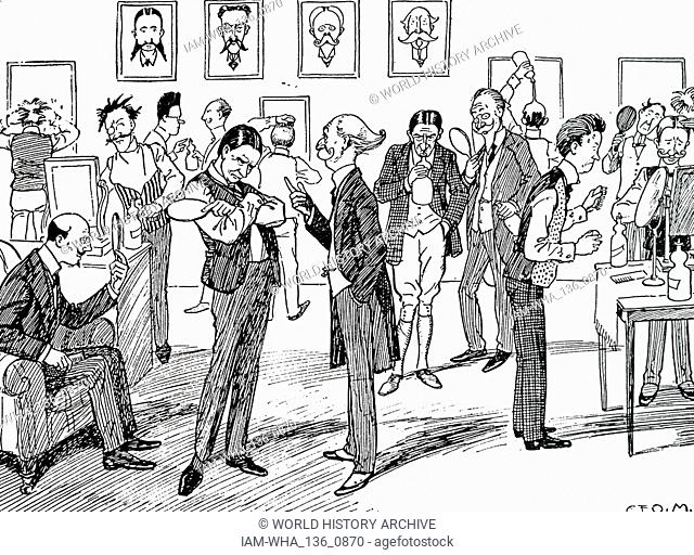 A cartoon commenting on the testing of the efficacy of Brilliantine. Dated 20th century