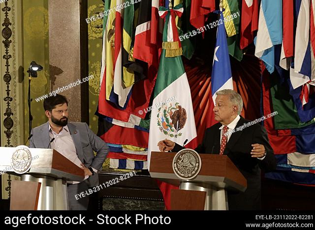 November 23, 2022, Mexico City, Mexico: The President of Chile, Gabriel Boric and Mexico’s President Andres Manuel Lopez Obrador speak during a briefing...