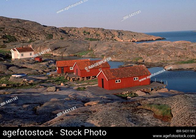 Boathouses, Bohuslan, Sweden, archipelago, Bohuslän, Europe, house, landscape, horizontal, coast, coastline, Europe
