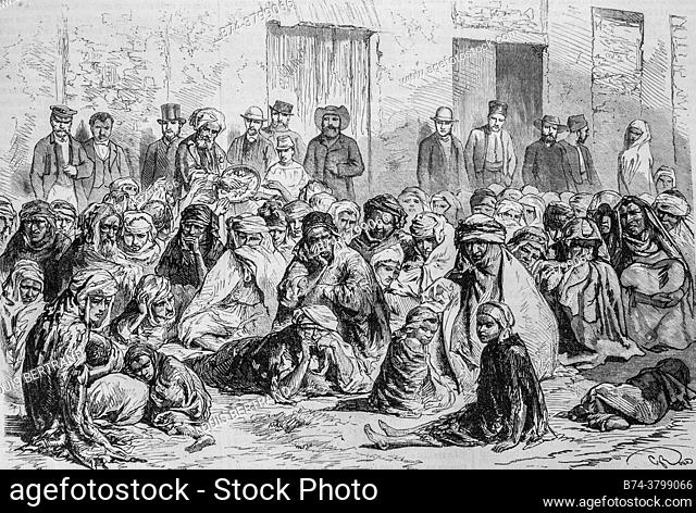The inhabitants of Setif distributing vives to Arazbes women and children, 'universe illustrious, publisher michel levy 1868