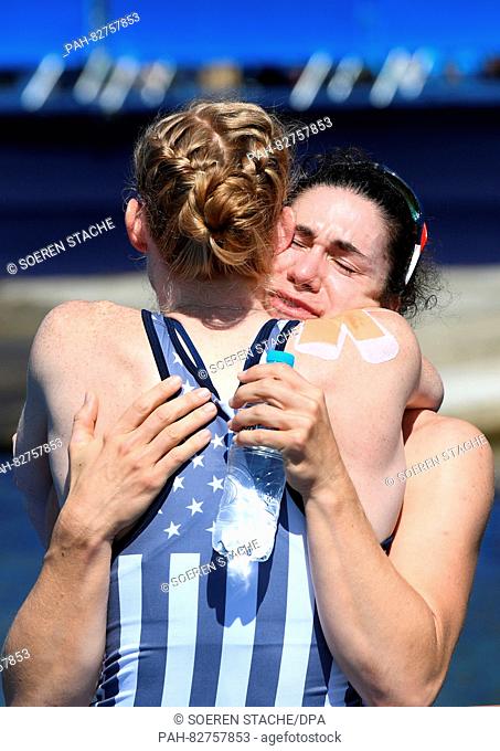 Two members of the team of the USA celebrate after winning the Women's Eight Final race of the Rowing events of the Rio 2016 Olympic Games at Lagoa Stadium in...