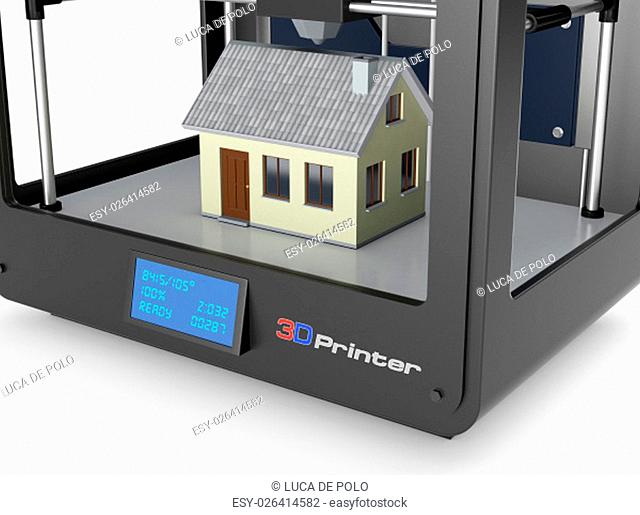 closeup view of a professional 3d printer that builds a house, white background (3d render)