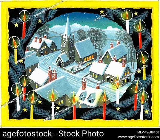 Church and village in the snow, with a border of fir branches, stars and fourteen candles