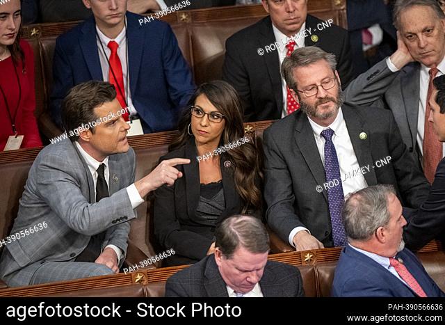 United States Representative Matt Gaetz (Republican of Florida), left, who voted ""present, ” gets into a verbal confrontation with US House Republican Leader...
