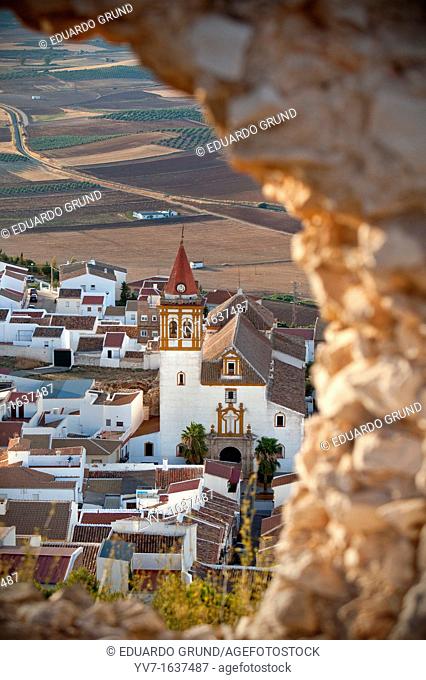 View of Teba and his church, from the ruins castle  Teba, Malaga, Andalusia, Spain