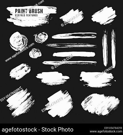 vector hand drawn various white monochrome paint brush strokes smears decorative dirty artistic realistic texture elements set isolated on black background