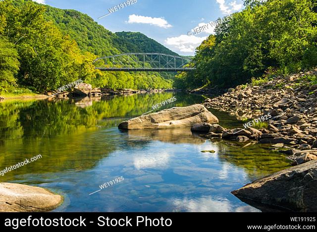 Old New River Gorge Bridge down at river level near Fayetteville, West Virginia