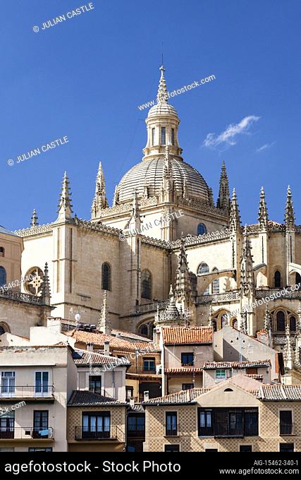 A View of the south of the Old Town and highly decorated Cathedral of Segovia, Castilla y Leon, Spain