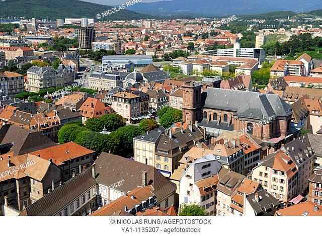 Overview of old town with the famous Saint Christophe cathedral, viewed from citadel  Belfort city, Belfort territory, Franche Comte region, Europe