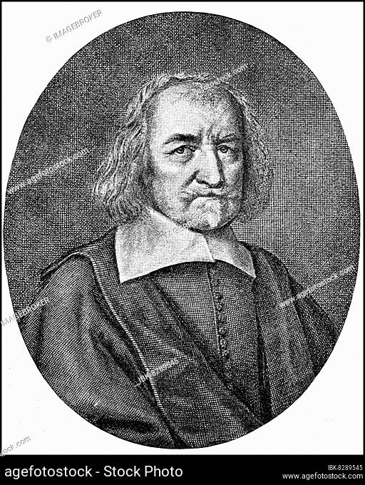 Thomas Hobbes, April 1588 - 4 December 1679, was an English mathematician, state theorist and philosopher, Historical, digitally restored reproduction from a...