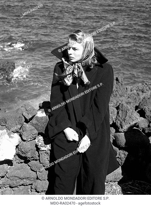 Swedish actress Ingrid Bergman looking far on the set of the film Stromboli. Stromboli, 1949