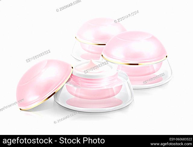 Several pink dome cosmetic jar on white background