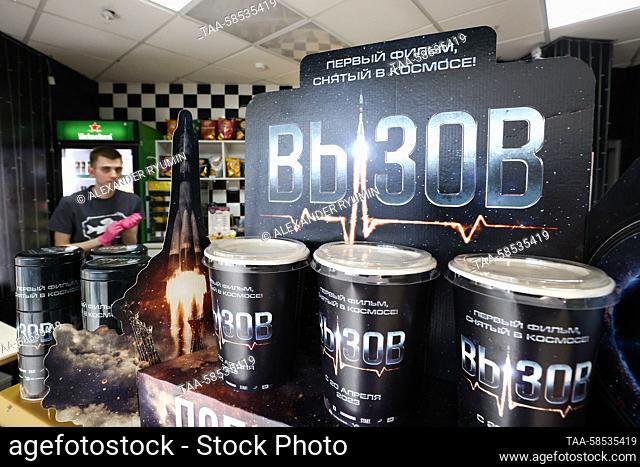 RUSSIA, RYAZAN - APRIL 20, 2023: Popcorn buckets bearing posters of the 2023 Russian drama film The Challenge are pictured at the Kinolyuks Cinema at the Malina...