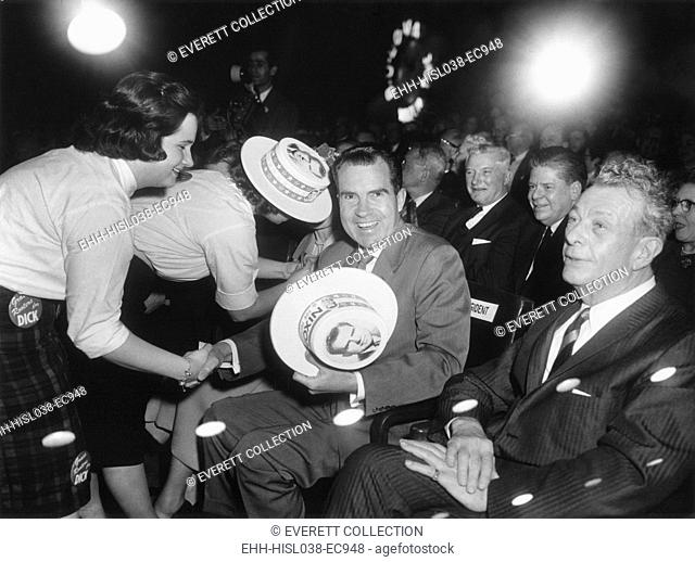 Richard Nixon at a Republican campaign event, April 4, 1960. At this time he was the presumed presidential nominee. At right is Senator Everett Dirksen