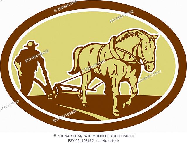 Illustration of farmer and horse plowing farmer field viewed from front set inside oval shape done in retro woodcut style on isolated background