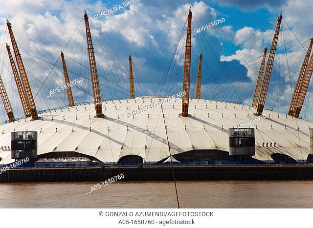 View of O2 Arena Millenium Dome from Trinity Buoy Wharf, London, England, United Kingdom