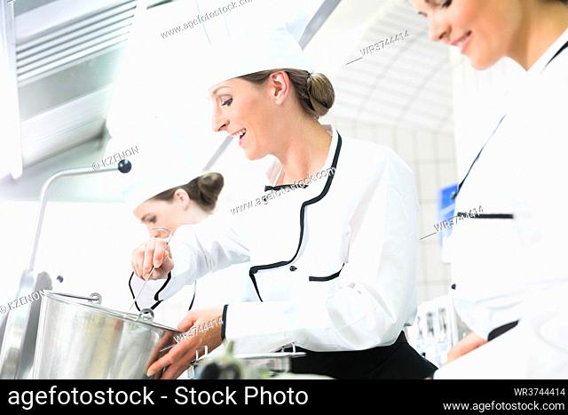 Team of chefs in production process of system catering