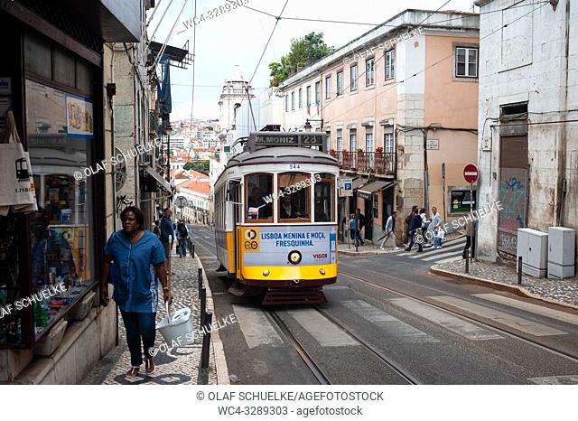 Lisbon, Portugal, Europe - A tram in the historic neighbourhood of Bairro Alto of the Portuguese capital