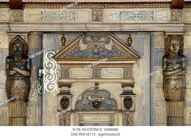 Inlaid woodwork door, detail of the Baroque Room, Spiez Castle, Canton of Bern, Switzerland