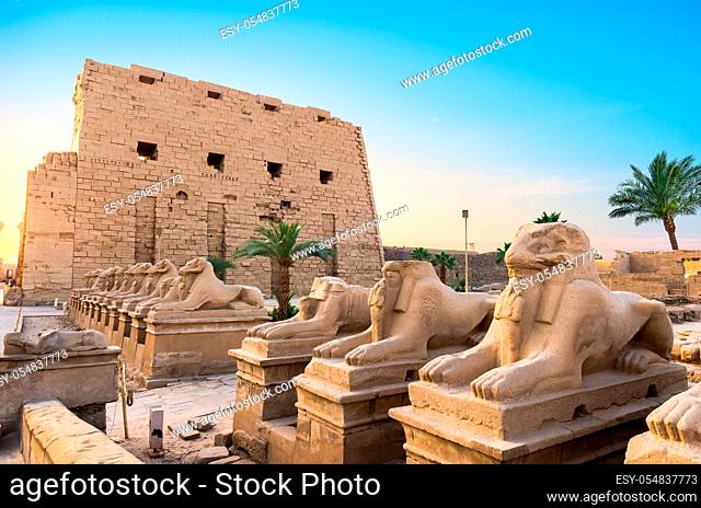 Facade of Karnak Temple at sunny sunrise in Luxor, Egypt