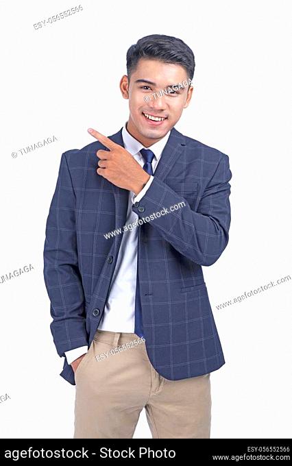 Asian young handsome business man with hand showing, isolated on white background with copy space