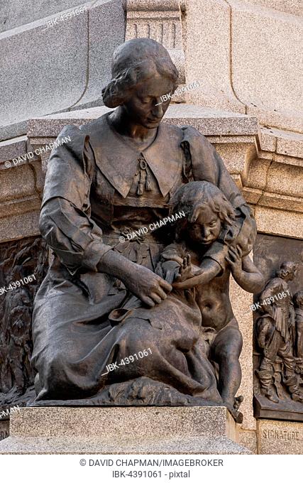 Jeanne Mance figure at the memorial of Paul Chomedey de Maisonneuve, founder of the old Montreal, Place d'Armes, Montreal, Quebec, Canada