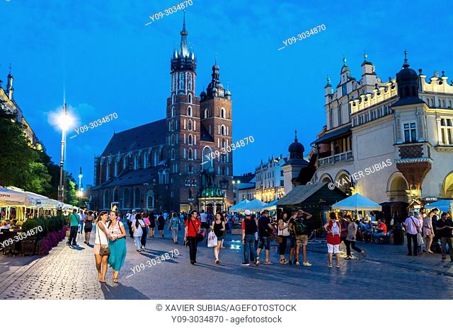 St. Mary's Basilica, Main Market Square at night, Krakow, Poland