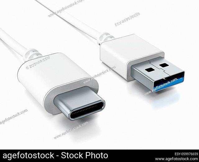 USB type C and USB 3.0 format cables isolated on white background. 3D illustration