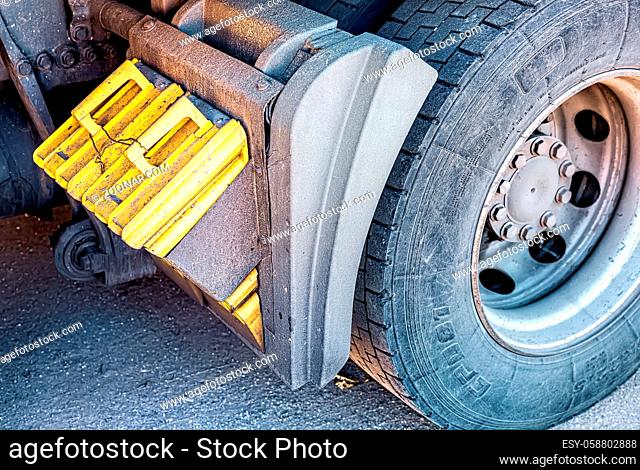 Samara, Russia - August 17, 2020: Yellow brake shoes of a truck vehicle