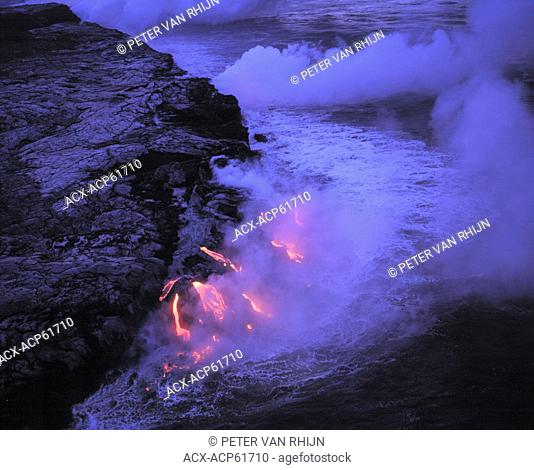 Lava Flowing Into Ocean at Volcanoes National Park, Hawaii