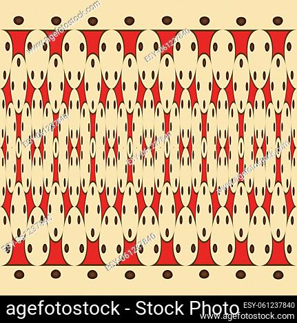 Pattern of brown dots and red abstract shapes on a tan background
