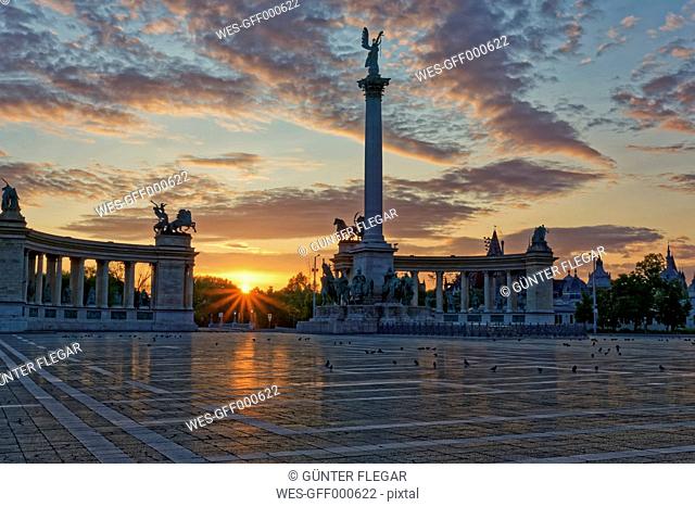 Hungary, Budapest, Heroes' Square, Millennium Monument at sunset