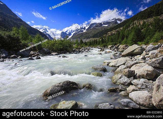 Morteratsch Valley, Piz Palue, 3905 m, Piz Bernina, 4049 m, Biancograt, Morteratsch Glacier, Grisons, Switzerland, Europe