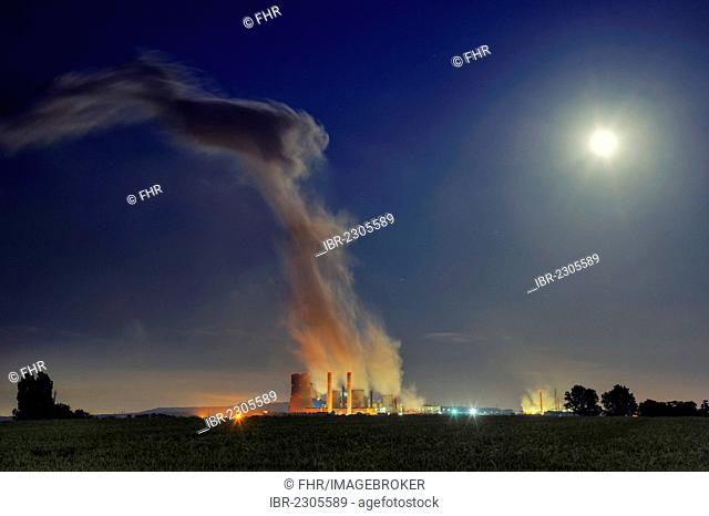 Niederaussem coal-fired power plant, at night under a full moon, Niederaussem, North Rhine-Westphalia, Germany, Europe