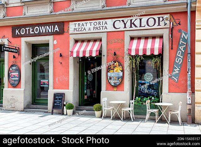 Krakow, Poland - May 16, 2019: Little pizzeria in Jewish Quarter Kazimierz in Krakow