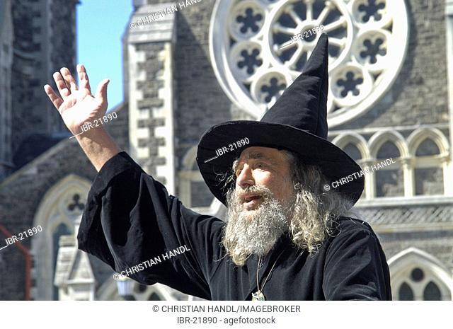 The Wizard in front of cathedral of Christchurch New Zealand