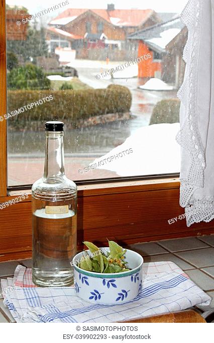 Dried European herbal medicines mixed with Schnaps to cure cold in the winter