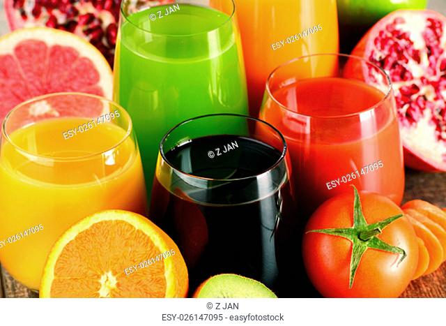 Glasses of fresh organic vegetable and fruit juices. Detox diet