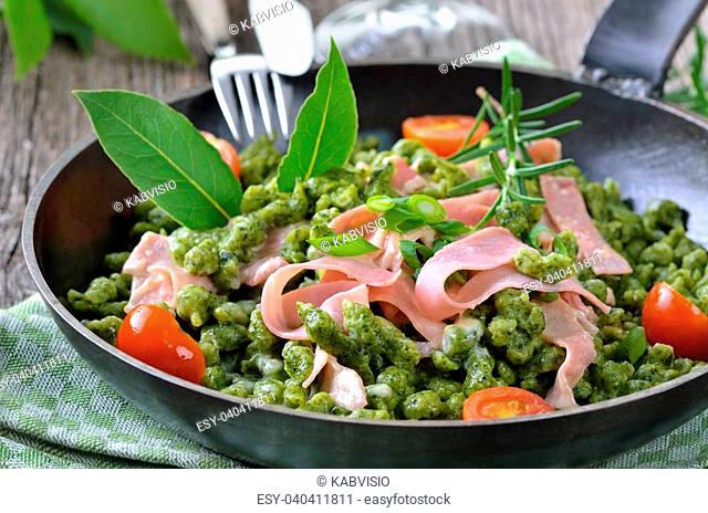 South Tyrolean spinach spaetzle with parmesan cream sauce and strips of ham