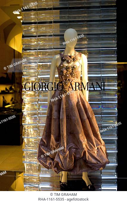 Shop window display of Italian designer Giorgio Armani fashion shop in Via de Tornabuoni in Florence, Tuscany, Italy