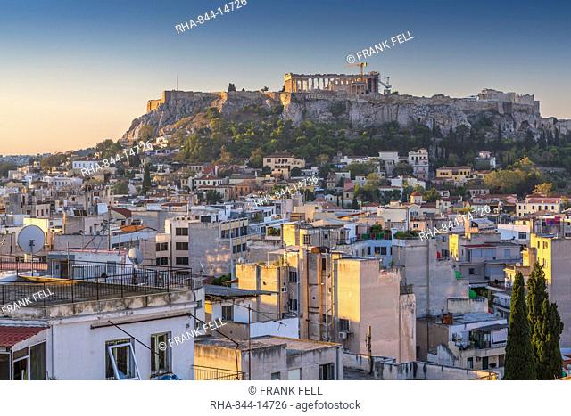 Elavated view of The Acropolis at dawn from the Monastiraki District, Athens, Greece, Europe