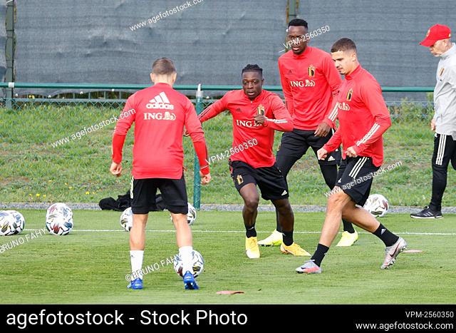 Belgium's Jeremy Doku and Belgium's Leander Dendoncker pictured during a training session of the Belgian national soccer team Red Devils